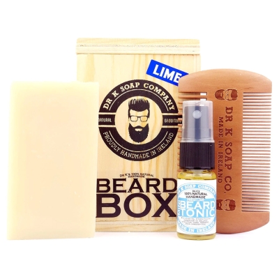 Súprava mydla, hrebeňa a tonika na bradu v drevenej krabičke DR K SOAP COMPANY Beard box Lime