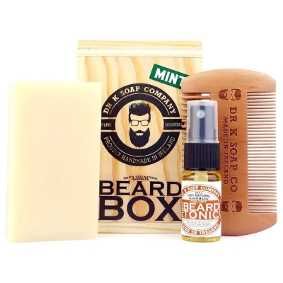 Súprava mydla, hrebeňa a tonika na bradu v drevenej krabičke DR K SOAP COMPANY Beard box Mint