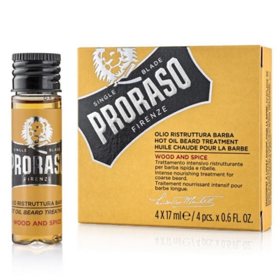 Zahrievací olej na bradu PRORASO Hot oil beard treatment Drevo a korenie 4x17 ml